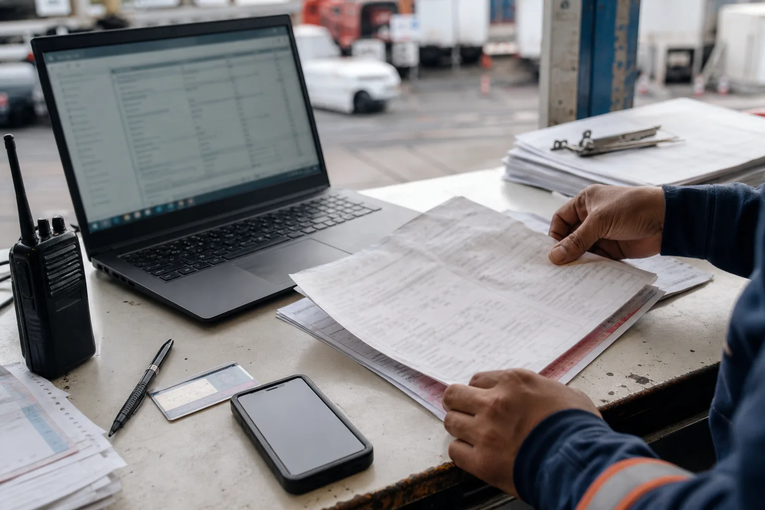 A logistics operator reconciling paper documents with a digital record