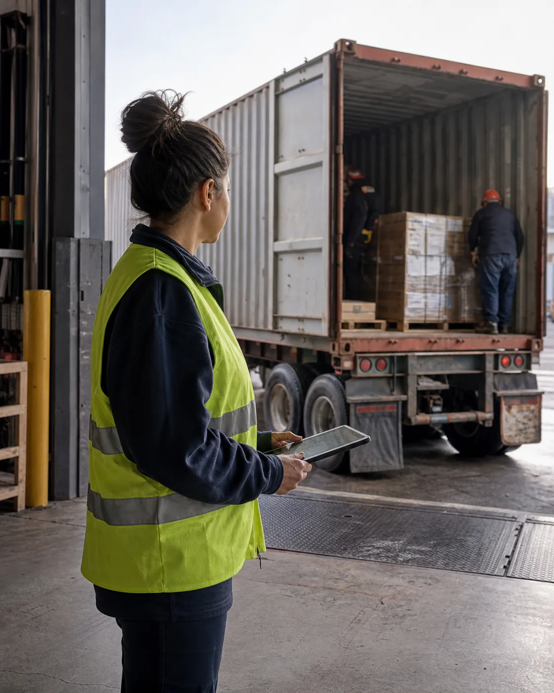 A receiving coordinator monitoring a container at a warehouse dock