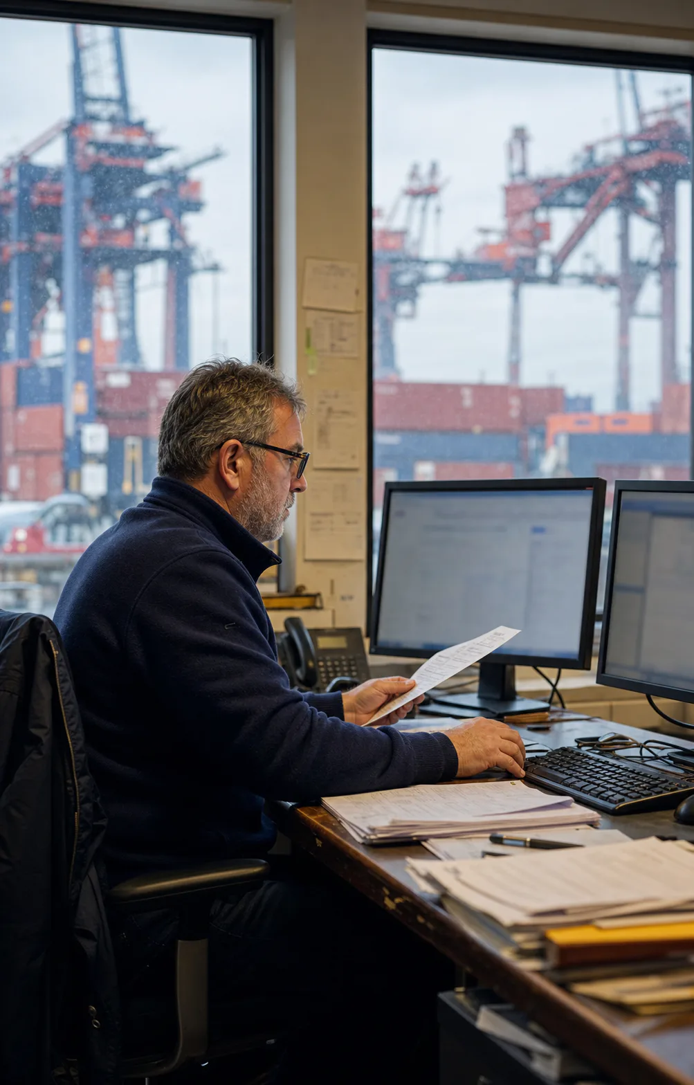 A freight planner comparing a paper document with live screens beside a port