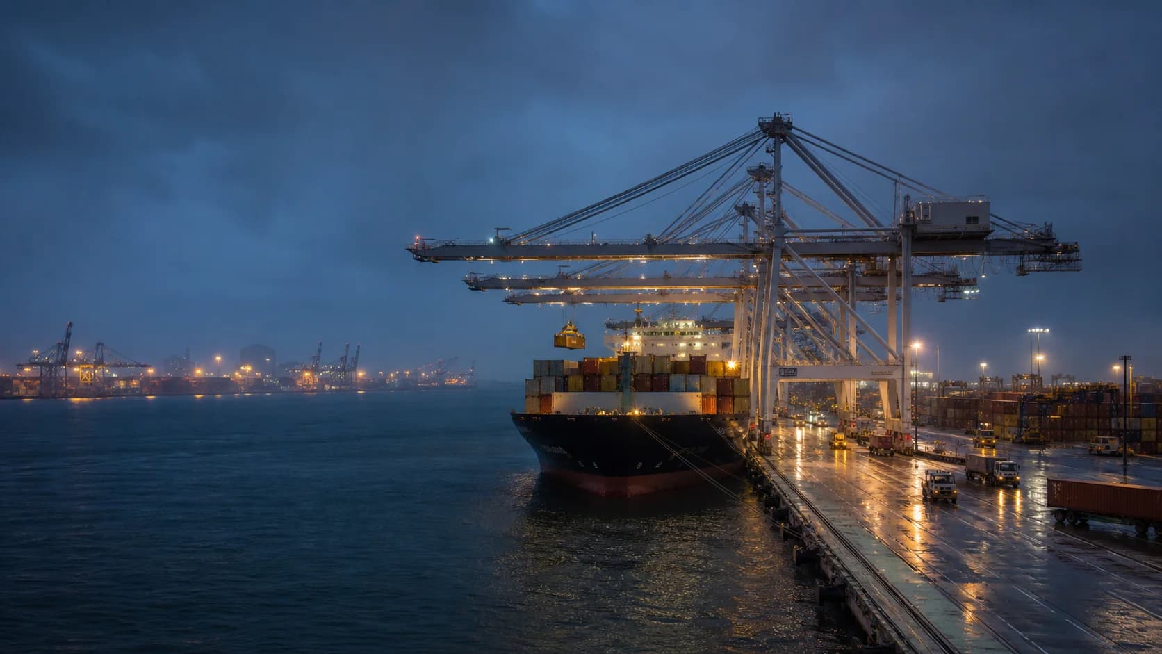 A working container port during blue hour