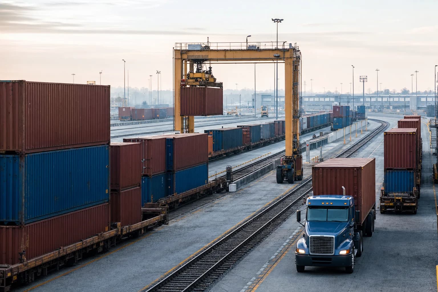Containers moving through a rail-to-road handoff at an intermodal terminal